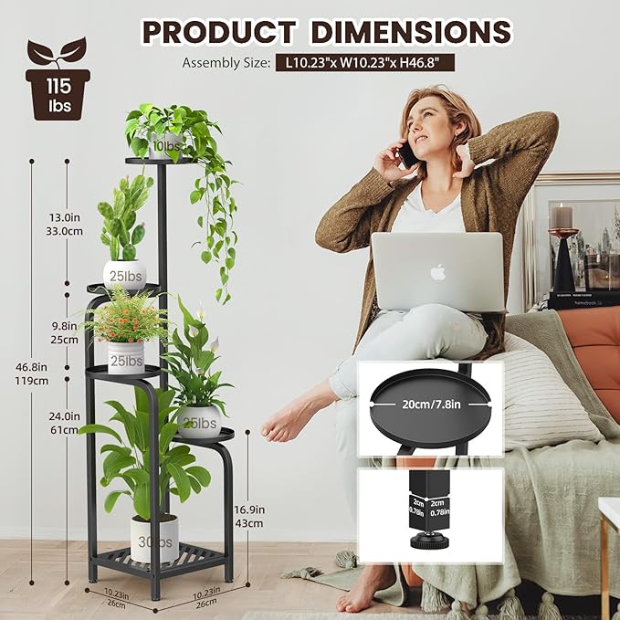 TOSKING 5 Tier Tall Plant Stand Indoor Outdoor, Heavy Duty Corner Shelf for Plants & Decor, Space Saving 3.9FT Metal Flower Pot Stand for Balcony, Garden, Living Room, Patio (Black, 47in) TOSKINGESSENCE