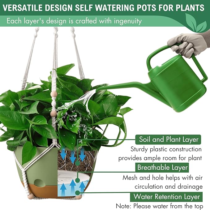 10 Inch Hanging Planters for Indoor Plants,Set of 2 Hanging Pots for Plants with Self-Watering, Outdoor Hanging Plant Pot with Drainage and 2 Kinds of Hanging Baskets Hangers for Home Decor and Garden TIMOSUKI