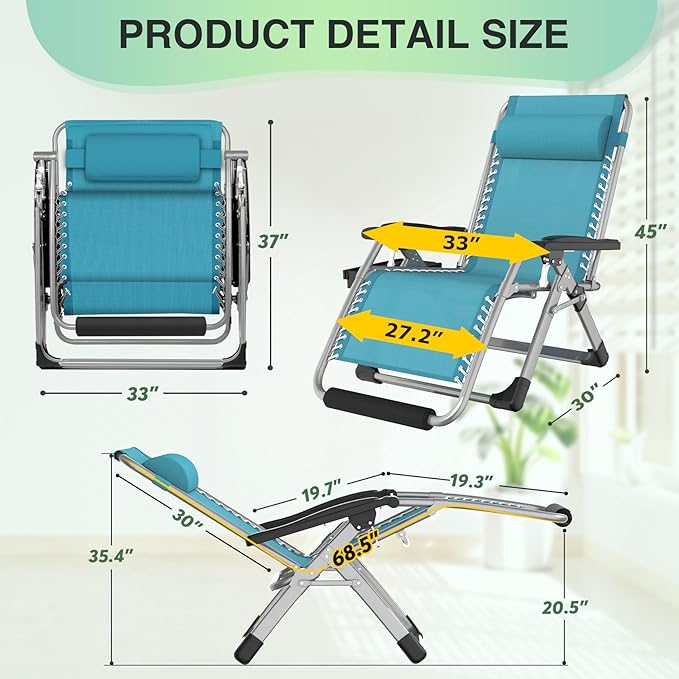 Suteck Oversized Zero Gravity Chair,33In XXL Outdoor Recliner Chair w/Removable Cushion&Headrest, Camping Lounge Chair w/Upgraded Lock&Footrest, Reclining Patio Chairs for Indoor Outdoor,500LBS Suteck