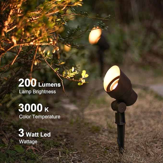 GOODSMANN Low Voltage Landscape Flood Light 3W LED 200 Lumen Outdoor Spotlight 3000K Warm White Replaceable LED Outside Hardwired Lighting with Metal Stake Cable Connector Replaceable GOODSMANN