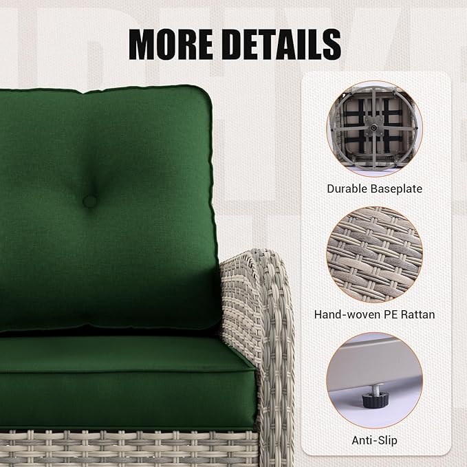 11-Piece Outdoor Patio Furniture Set with Rocking Swivel Chair Wicker Sectional Sofa Set, Patio Conversation Set with Ottomans & Coffee Table for Garden, Backyard, Poolside, Green MuphyersPatioFurniture