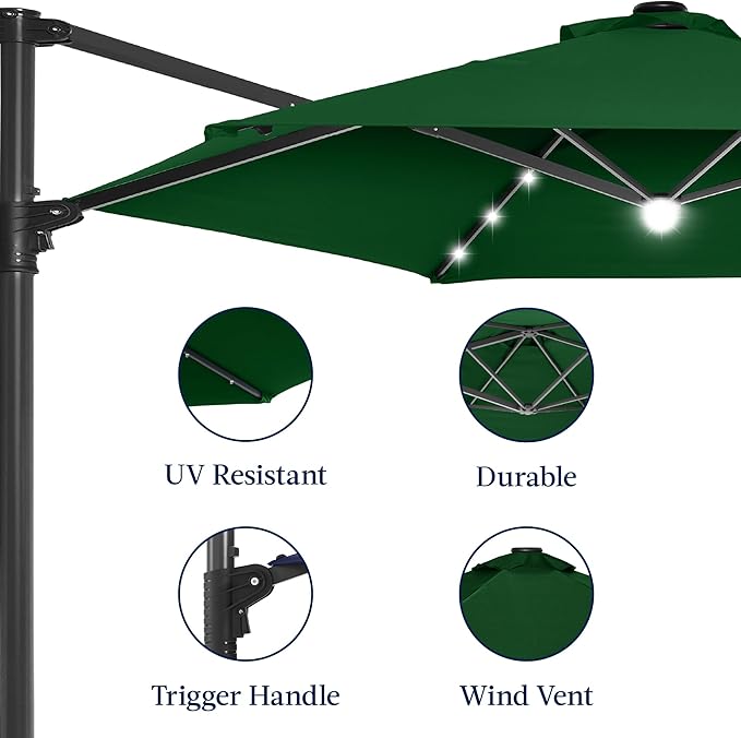 Best Choice Products 10ft Solar LED Offset Cantilever Hanging Market Patio Umbrella, Smooth 360° Rotation, 8 Sturdy Ribs, Easy Adjustment - Green BestChoiceProducts