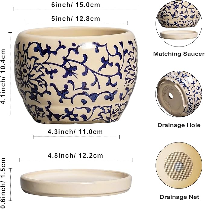 SQOWL Ceramic Flower Pots - 6 Inch Plant Pot Indoor with Drainage Hole and Saucer, Porcelain Ceramic Planter Outdoor, Decorative Round Small Planter, House Decor, Plant Lover Gifts, Blue and Beige SQOWL