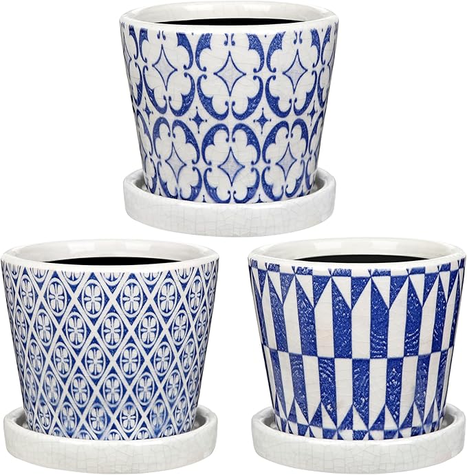 Small Ceramic Pots for Plants, 4.7 inch Blue and White Plant Pot Indoor with Drainage & Saucer Set of 3 Ceramic Planters for Indoor Plants Succulent Pot Decorative Flower Pots for Cactus, Orchid, Herb Oairse