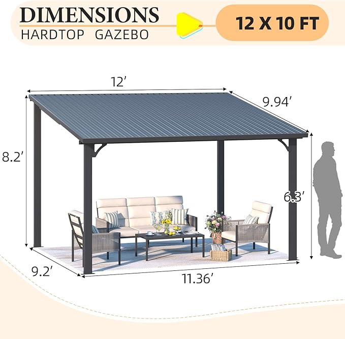 AECOJOY 12' x 10' Outdoor Hardtop Pergola Gazebo for Patio, Large 10x12 Galvanized Steel Heavy Duty Lean to Gazebo, Wall-Mounted Pergolas and Gazebos Clearance, Metal Patio Roof Awnings for Backyard AECOJOY