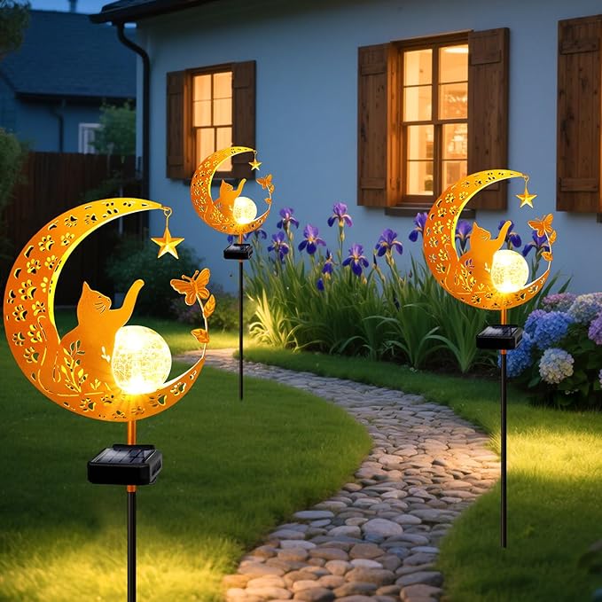 YJFWAL Garden Solar Cat Lights Pathway Stake Lights Glass Globe with Moon Cat Decor, Christmas Gift for Mom Grandma Friends, Outdoor Decor Light Waterproof for Walkway, Patio or Garden (Warm White) YJFWAL