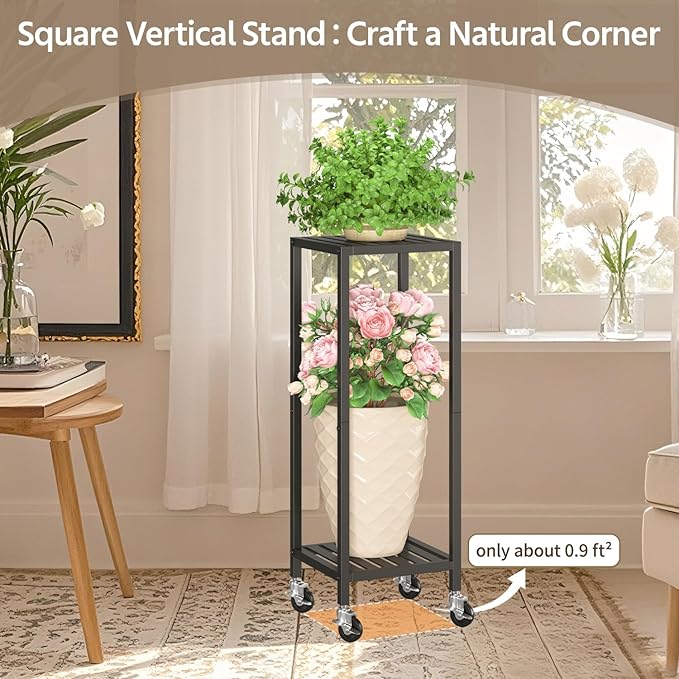 LASZOLA 2 Tier Black Metal Plant Stand Indoor Outdoor with Wheel for Large Planter, Modern Heavy Duty Tall Rolling Rack for Corner House Bathroom Patio Floor, Iron Flower Shelf Holder for Orchid Fern LASZOLA