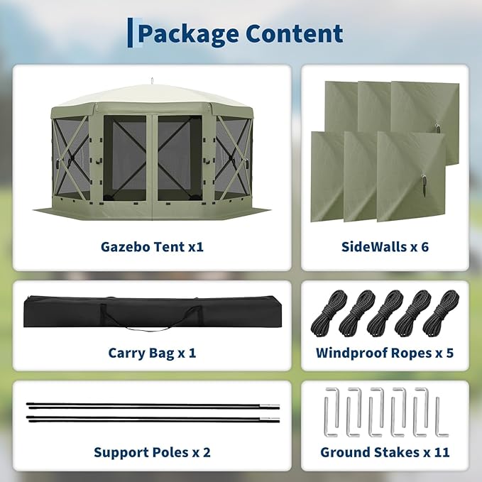 11.5x11.5FT 6-Sided Pop Up Gazebo Tent，One-Push Setup Canopy Tent with Mesh Panels & Removable Wind Cloths, Outdoor shelter for Camping, Backyard Parties, Outdoor Events - Army Green GarveeLife