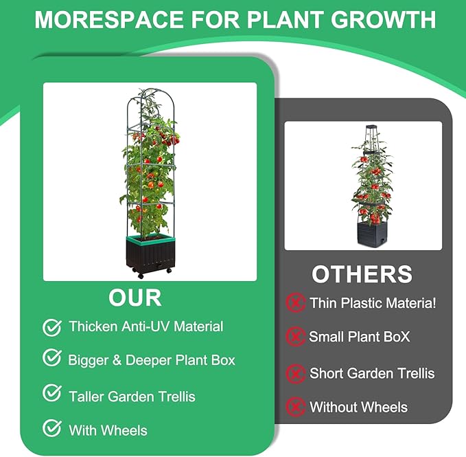 Raised Garden Bed with Self Watering Garden Pots, Planter Box with Trellis for Climbing Plants Vegetable Vine Flowers, Tomato Cage Planter for Indoor Outdoor Yard Greenhouse Use YHTPOUQE