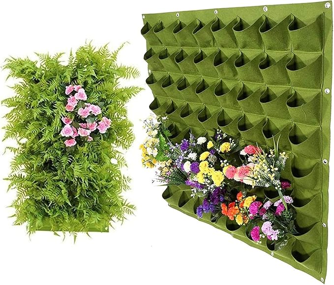 Hanging Planting Grow Bags, 64 Pockets Hanging Vertical Wall Planter Wall Mounted Grow Bag Outdoor Indoor Gardening Vertical Greening Flower Container, Planting Bags Storage Bags(1.0 m × 1.0 m, Green) LITLANDSTAR