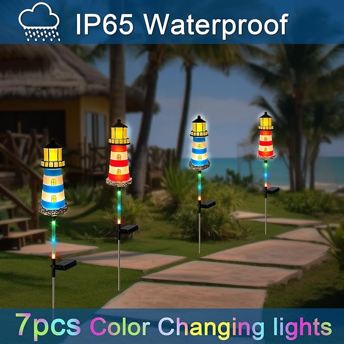 4 Pack Lighthouse Solar Lights,7 Light Color Changes,IP65 Waterproof Solar Pathway Lights for Garden,Lawn,Outdoor Lighthouse Decor HokfirmHomeDecorGarden