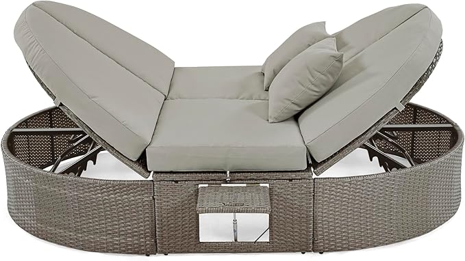 Merax Outdoor Sun Bed Patio 2-Person Daybed with Cushions and Pillows, Rattan Garden Reclining Chaise Lounge with Adjustable Backrests and Foldable Cup Trays for Lawn, Poolside, Grey Merax