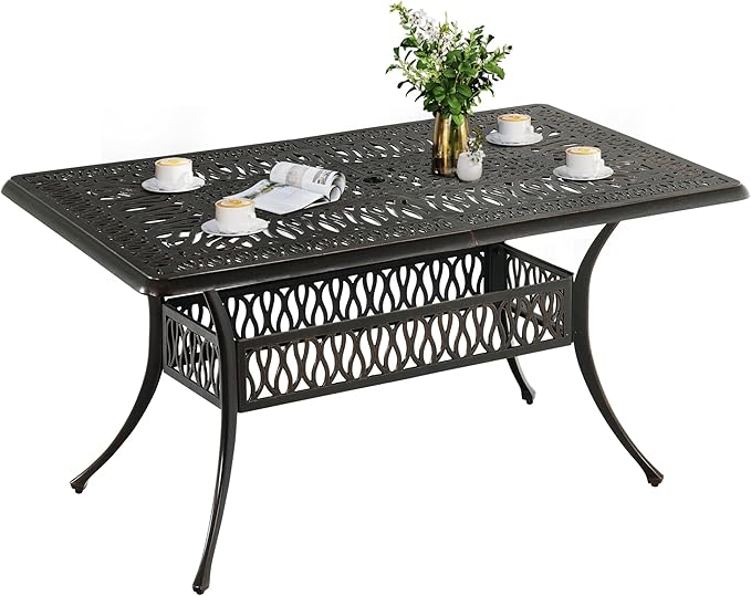 DWVO Cast Aluminum Outdoor Dining Table, 59'' Patio Table w/Max Bearing 220 LBS, Patio Dining Table with 2" Umbrella Hole and Adjustable Foot Pads for Garden, Backyard, Deck and Patio, Bronze DWVO