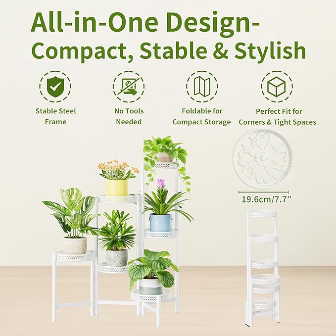 6 Tier Metal Plant Stand, 6 Potted Multiple Flower Pot Holder Shelf, Indoor&Outdoor Folding Planter Display Shelves for Patio Garden, Living Room, Corner Balcony, Bedroom - WhiteWave Rootora