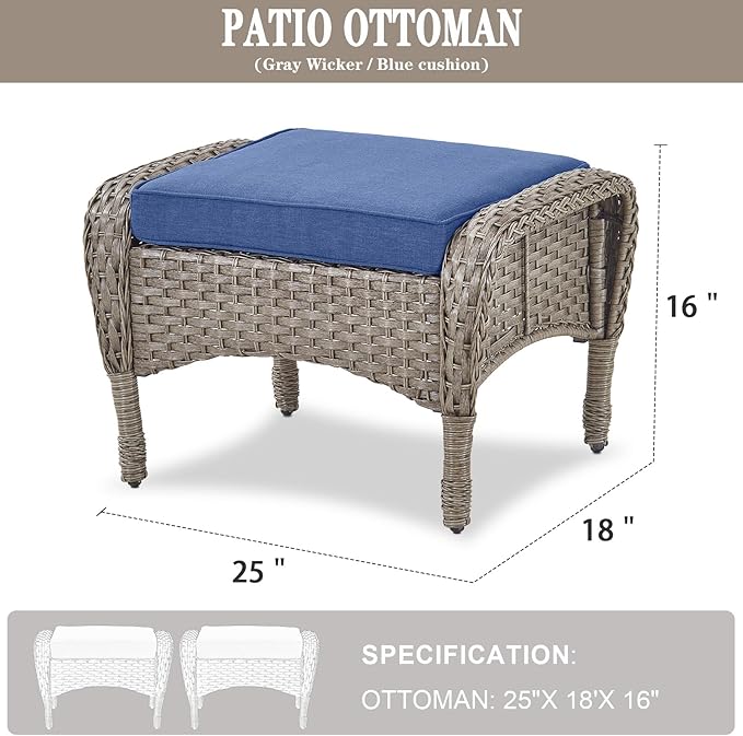 Belord Outdoor Ottomans for Patio Foot Rest - 25 Inch PE Wicker Foot Stool Set of 2 with Removable Cushions for Patio Furniture Sets,All Weather Rattan Ottoman for Balcony Deck Backyard Brown Belord