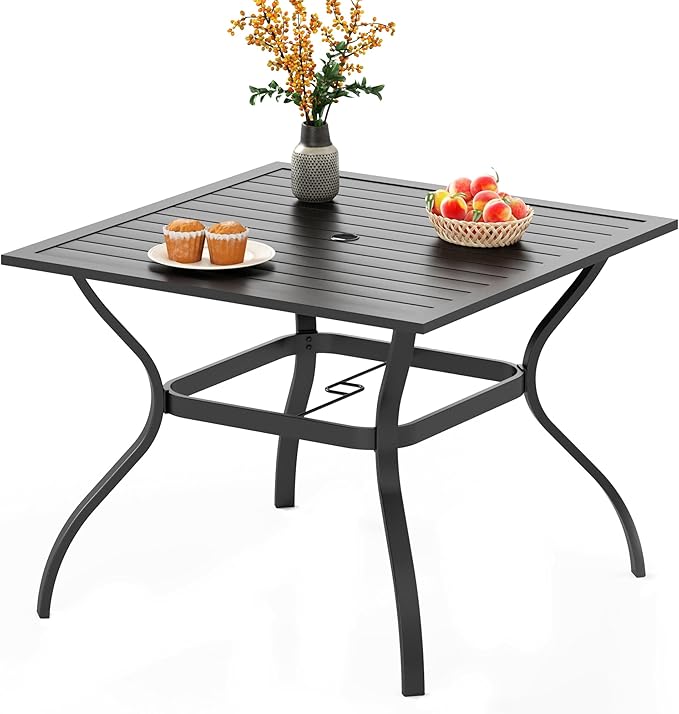 PHI VILLA 37 Inch Outdoor Dining Table Metal Steel Slat Square Patio Dining Table with 1.57" Umbrella Hole for Garden, Backyard and Porch (Classic Black) PHIVILLAThepioneerofcomfortablehouseholdsupplies