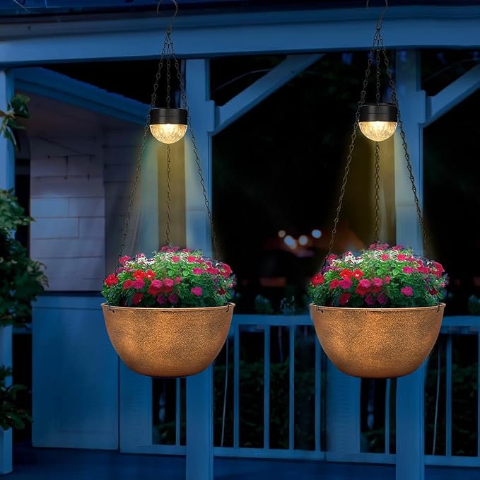 2 Packs Hanging Planters Basket for Outdoor Plants, Solar Powered Self Watering Bronze Round Plastic Flower Pots with Drainer for Balcony Patio Garden Outdoor Decoration SUNNYPARK