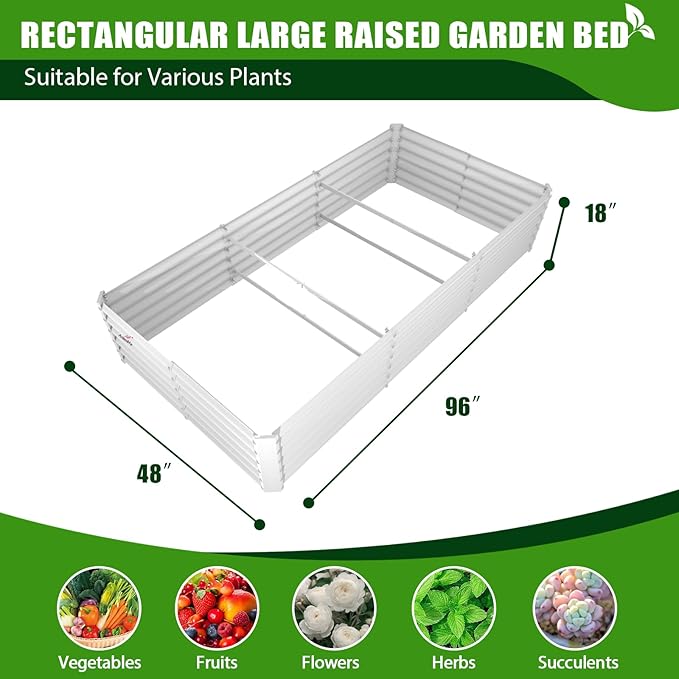 A ANLEOLIFE 8X4X1.5 ft Galvanized Raised Garden Bed, Rectangle Above Ground Modular Metal Planter Boxes Outdoor for Vegetables Flowers Herbs, Anti-Rust & Easy-Setup, Antique White AAnleolife