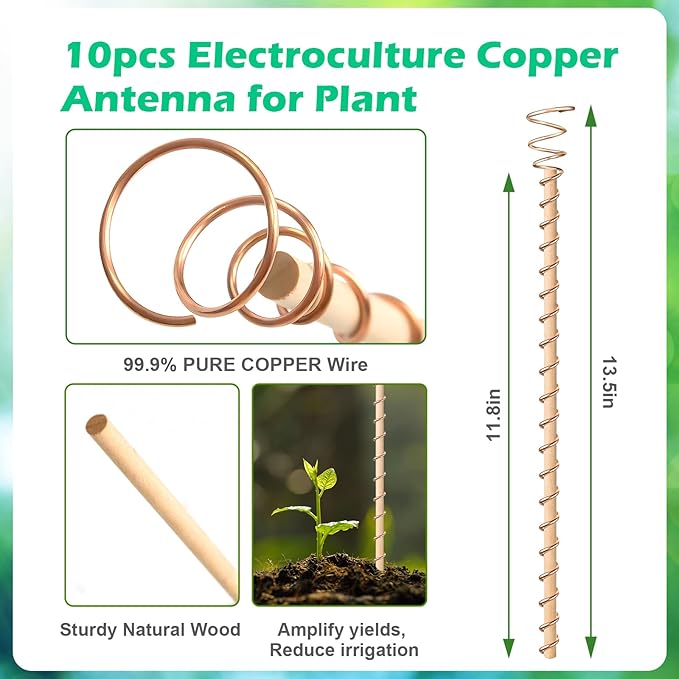 10pcs Electroculture Plant Stakes, 13.5''/17" Available Copper Coil Wire Antennas Garden Stakes, Tensor Rings Kit, Copper Rods Electronic Planting for Growing Vegetable Garden Plants Support Doksving