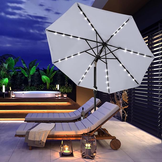 ABCCANOPY Durable Solar Led Patio Umbrellas with 32LED Lights 9FT (Light Gray) ABCCANOPY