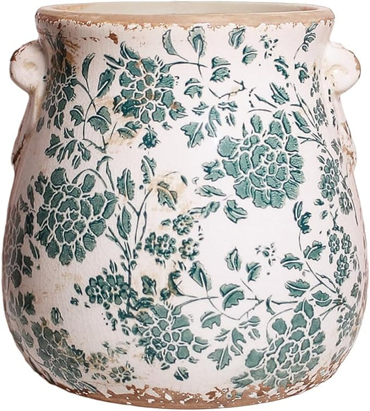 Tuscan Ceramic Planters and Kitchen Utensil Holder, 6.68 Inch Vintage Plant Pots with Drainage for Indoor/Outdoor, Country Cottage Vase for Home Garden Decor, Gifts for Plant Lovers, Cyan XiaanJiaju