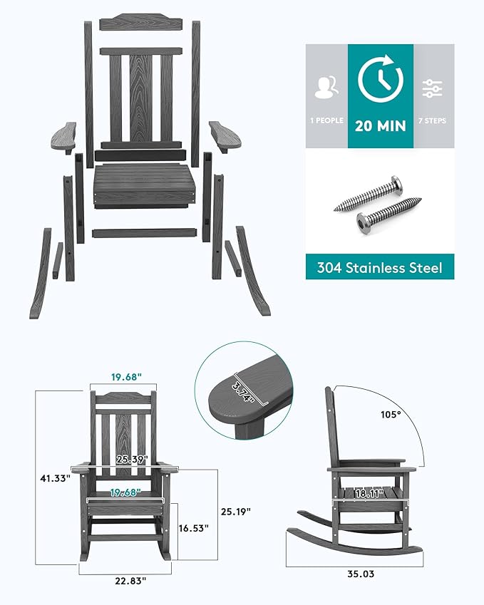 SERWALL Gray Outdoor Rocking Chair Set of 4, All Weather Patio Rocking Chair, HDPE Poly Rocking Chair for Adults, Heavy Duty Front Porch Rocker SERWALL