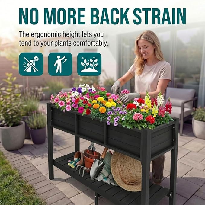 YITAHOME 48x18x30in Raised Garden Bed HDPE, Weather-Resistant Poly Lumber Planter Box with Legs & Storage Shelf, Elevated Garden Bed for Yard, Garden, Balcony - Black YITAHOME
