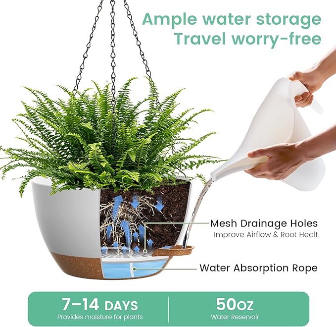 13 Inch 2 Pack Large Self Watering Hanging Planters for Indoor Outdoor Plants, Hanging Plant Pots with Removable 50 Oz Reservoir, Plastic Hanging Basket for Window Porch Garden, White with Brown UOUZ