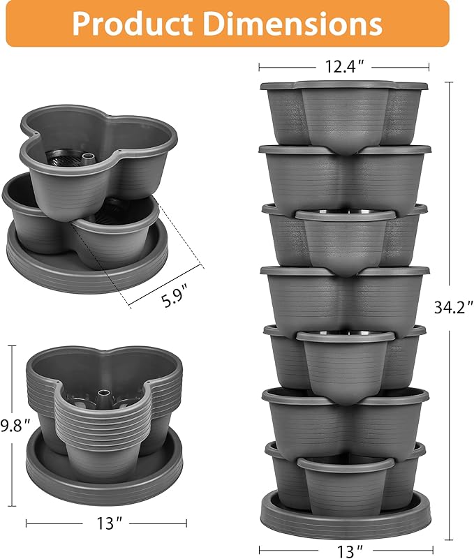 VECELO 7 Tier Vertical Garden Planter, Self Watering Stackable Planters with Wheels for Strawberries, Herbs, Flowers, Vegetables, Dark Gray VECELO