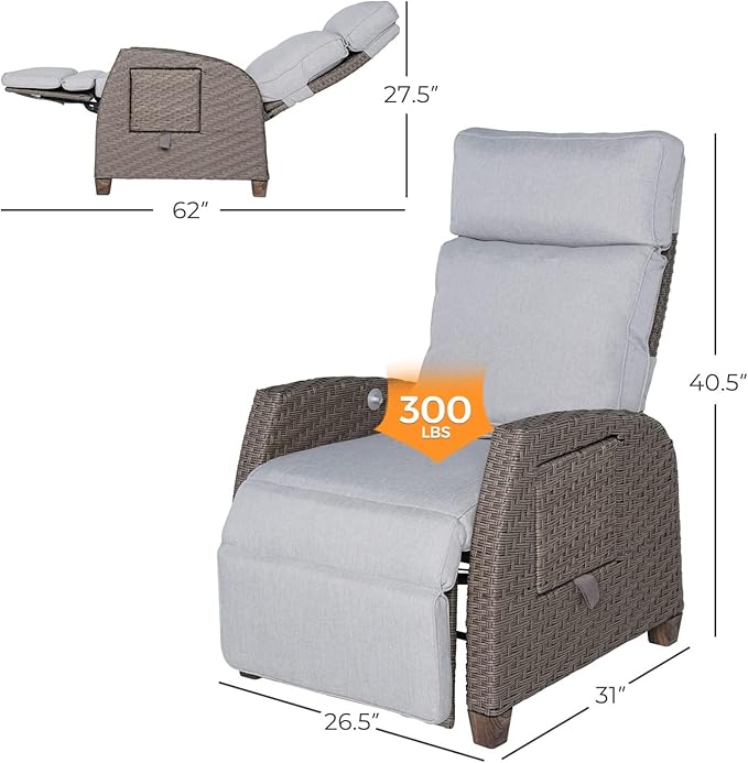 Grand patio Indoor & Outdoor Recliner Chair PE Wicker Patio Recliner with Flip Table Reclining Lounge Chair, Mist Grey GrandPatio