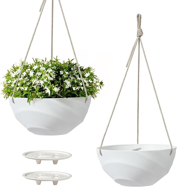 La Jolie Maison 10 Inch Hanging Planters for Indoor Plants, Outdoor Garden Planter Pots with Self-Watering Tray, Eggshell White, Set of 2 LaJolieMaison