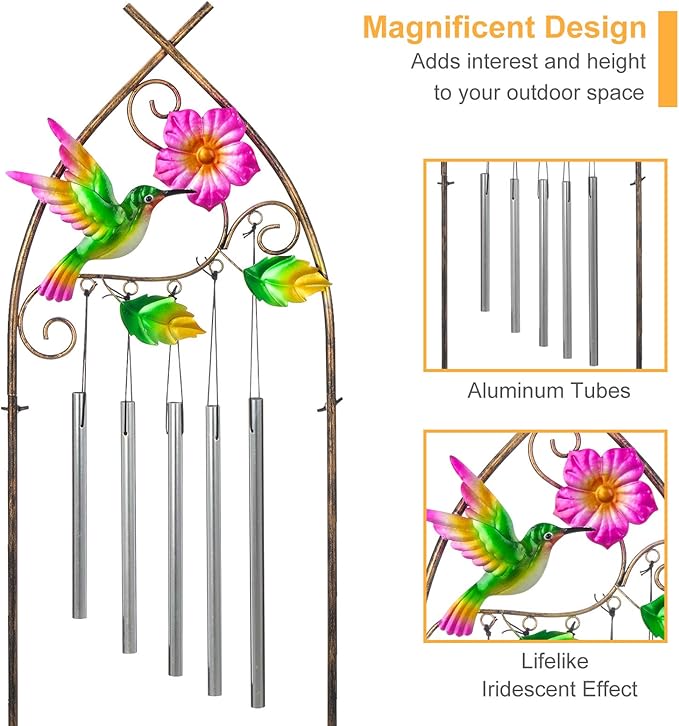 Garden Trellis with Plant Stands, 48” Metal Detachable Hummingbird Plant Pot Trellis with Wind Chimes for Climbing Plants Outdoor Lawn Patio Porches Decor SUNNYPARK