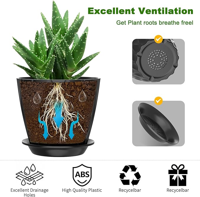 6 Pack 7 Inch Indoor Plant Pots with Drainage Holes, Outdoor Plastic Decorative Flower Pots, Garden Planters with Tray Saucers for Orchids, Violets, Succulents, Herbs, and Other Plants Rootora