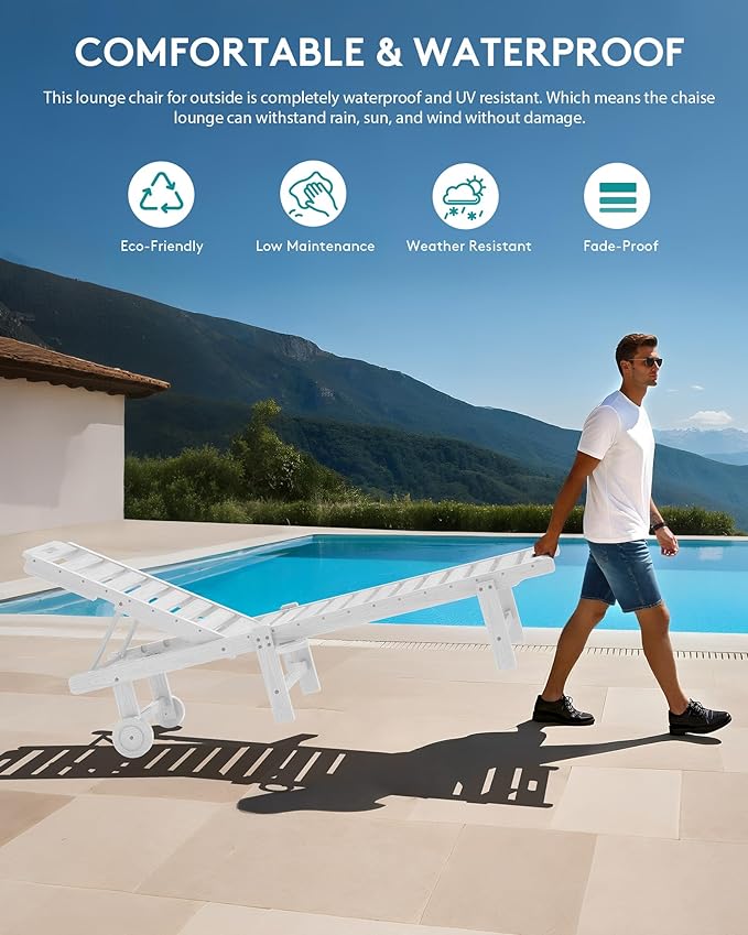 SERWALL Patio Chaise Lounge Chair Set of 4, HDPE Outdoor Lounge Chair with Cup Holder, 5 Positions Adjustable Pool Lounger with Rolling Wheels for Poolside, Deck, Sunbathing, White SERWALL