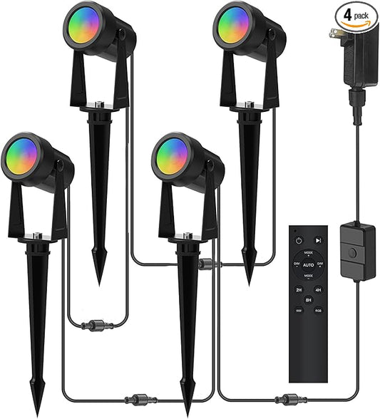 Banord RGBW Color Changing Outdoor Landscape Lighting, 4 Pack Low Voltage LED Outdoor Spotlight with Remote, IP65 Waterproof for Yard, Garden, Lawn Banord