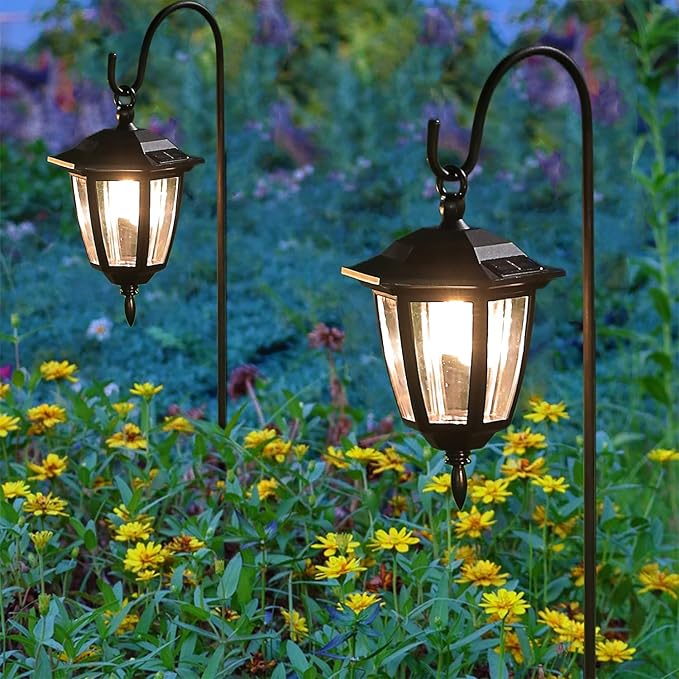 Dynaming 4 Pack Solar Hanging Lights Outdoor, Solar Powered Garden Decorative Lanterns with 4 x 38 Inch Shepherd Hooks, Waterproof Landscape Lighting for Lawn Patio Yard Pathway Driveway, Warm White Dynaming