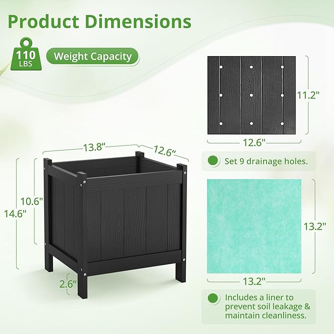 LUE BONA Outdoor Plant Pots, 13.7" x 12.5" x 14.5" HDPS Flower Pots with Drainage Holes, Outdoor Planters Boxes for Outdoor Plants - Porch Patio, Garden or Entryway, Black LUEBONA