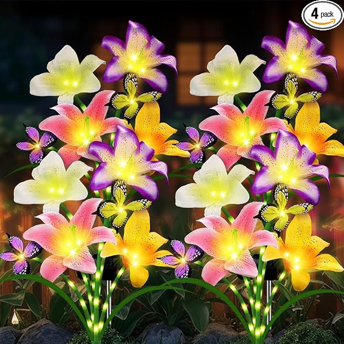 Solar Garden Lights 4 Pack LEDs Solar Lilies Flower Lights, Yard Patio Pathway Decoration High Flexibility Copper Wire Handmade Silk Artificial Flowers Never Wither, Gift for Family Friends stadeco