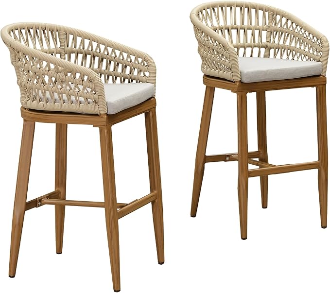 PURPLE LEAF Outdoor Rattan 29" Bar Stools Set of 2, Modern Boho Aluminum Patio Bar Height Chair with Cushion and Back for Outdoor and Indoor, Teak PURPLELEAF
