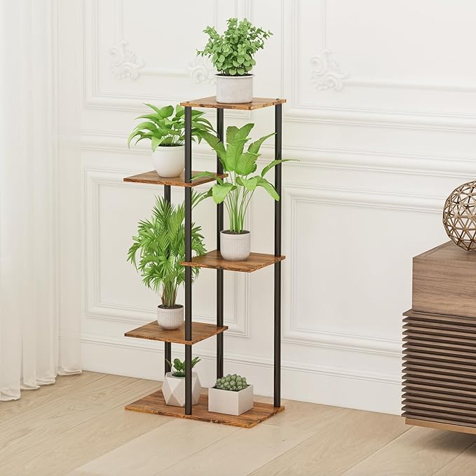Plant Stand Indoor 5 Tier 6 Potted Metal Wood Plant Shelf, Multiple Flower Pots Corner Tall Plant Holder Stands for Living Room Balcony Bedroom, Rustic Brown GreenLivingSpaces
