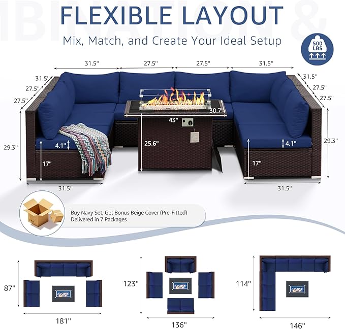 NICESOUL Large Size 9 Pcs Outdoor Patio Sectional Sofa Set with Firepit Natural Gas/Propane, 29.3'' High Back Conversation Sectional Couch Sets Deep Wide Sitting, Brown Rattan and Navy Blue Cushion NICESOUL