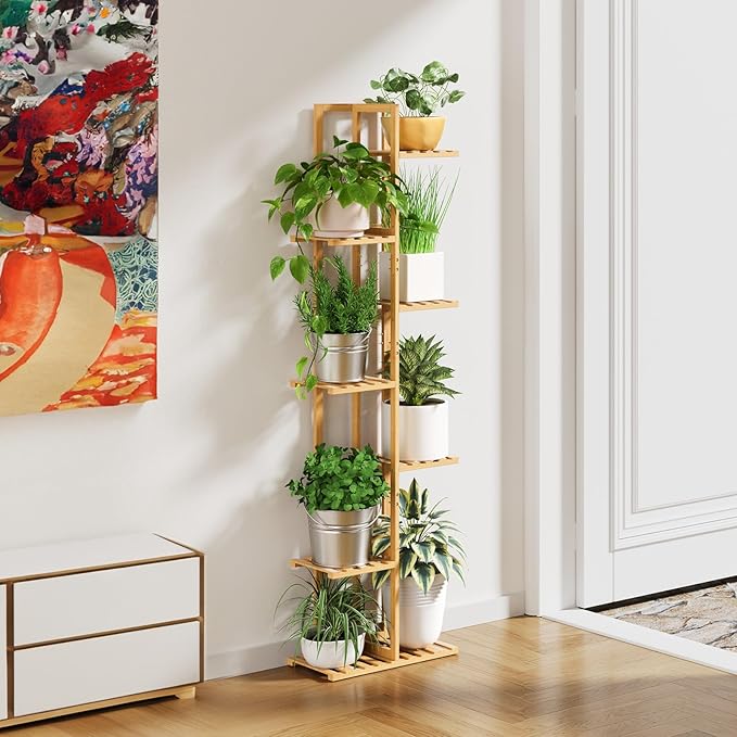 ROSSNY 55 Inch Tall Plant Stand Indoor, 7 Tier 8 Potted Bamboo Plant Stands for Indoor Plants, Corner Plant Stand, Plant Shelf For Indoor, Tiered Plant Stands, Planter Holder for Multiple Plants Indoor, Natural ROSSNY