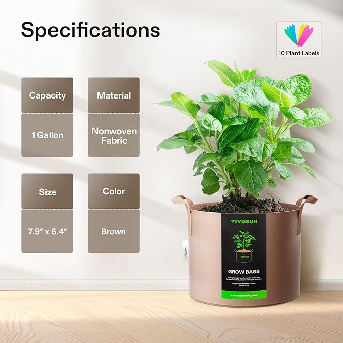 VIVOSUN 5-Pack 1 Gallons Grow Bags Heavy Duty Thickened Nonwoven Fabric Pots with Strap Handles Tan VIVOSUN