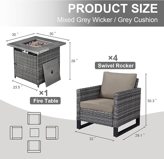 Belord 5 Pieces Wicker Patio Furniture Set: 4 Outdoor Club Chairs Patio Conversation Set with 50000BTU Propane Fire Pit Table, All Weather Grey Rattan Anti-Rust Frame, Brown Cushion Belord
