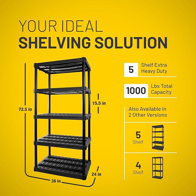 Plano 5-Shelf Extra Heavy Duty Plastic Storage Shelves, 72.5” x 36” x 24”, 1000lb Capacity, Pantry, Office, Closet and Garage Shelves, Easy to Assemble, Durable Plastic Shelving Unit PLANO%C2%AEOutdoors