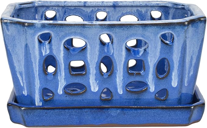 W&W Orchid Pot with Holes and Saucer for Repotting, White and Blue, 9.7 Inch WWHomeDecor