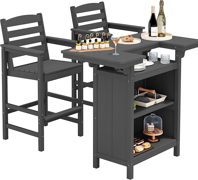 SERWALL Outdoor Bar Table Set (1 Table with 2 Chairs) – HDPE Grey Patio Bar Cabinet with 4-Tier Storage & Spacious Tabletop, Perfect for Outdoor, Poolside, Backyard SERWALL