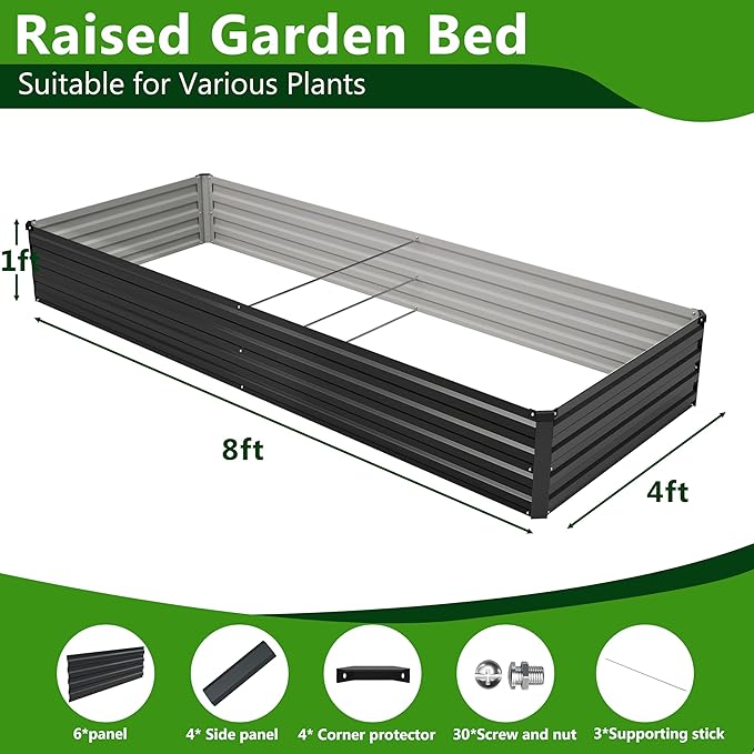 2PCS 8x4x1ft Galvanized Raised Garden Bed Kit, Galvanized Planter Raised Garden Boxes Outdoor, Large Metal Raised Garden Beds for Vegetables,Black Easllre