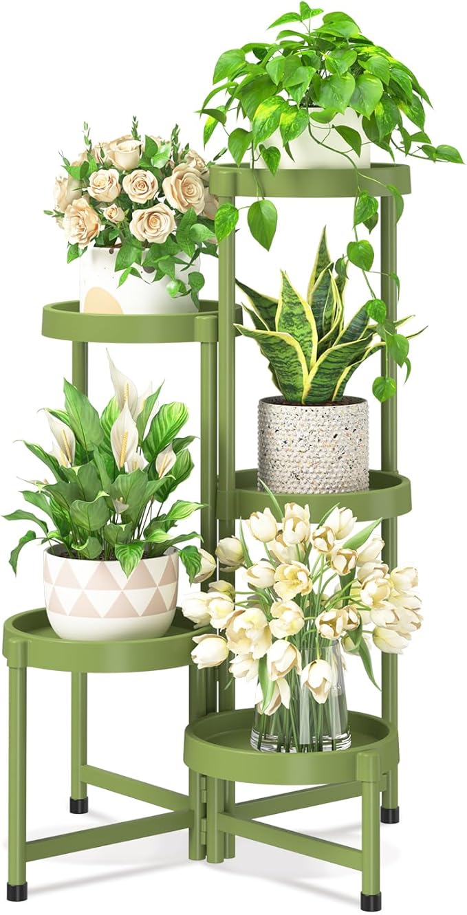 iDavosic.ly 5 Tier Folding Plant Stand Indoor Outdoor with Plastic Tray, Tiered Corner Flower Holder Shelf, Metal Orchid Display Rack for Patio Porch Living Room Garden Balcony, Green iDavosicly