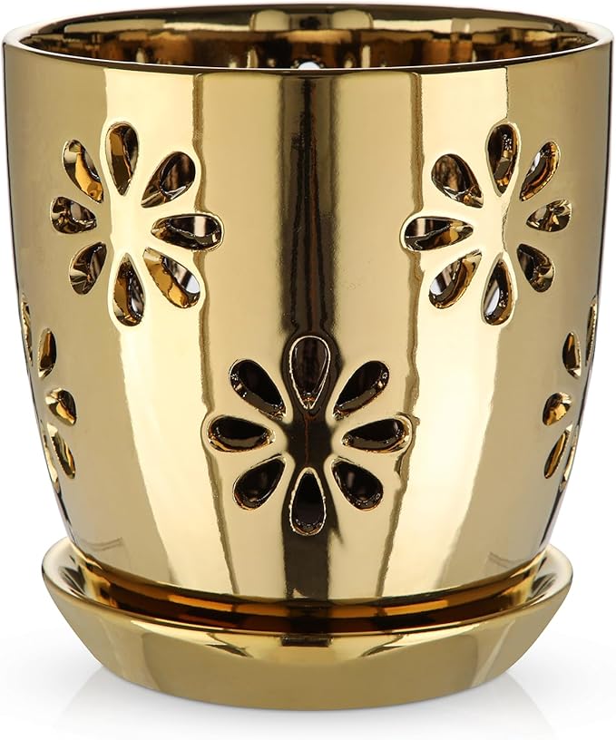 Oairse 6 inch Orchid Pots with Holes, Gold Ceramic Orchid Pot for Repotting Small Indoor Plant Pots with Drainage Holes and Saucers Decorative Flower Planter for Orchids, Indoor Plant Oairse